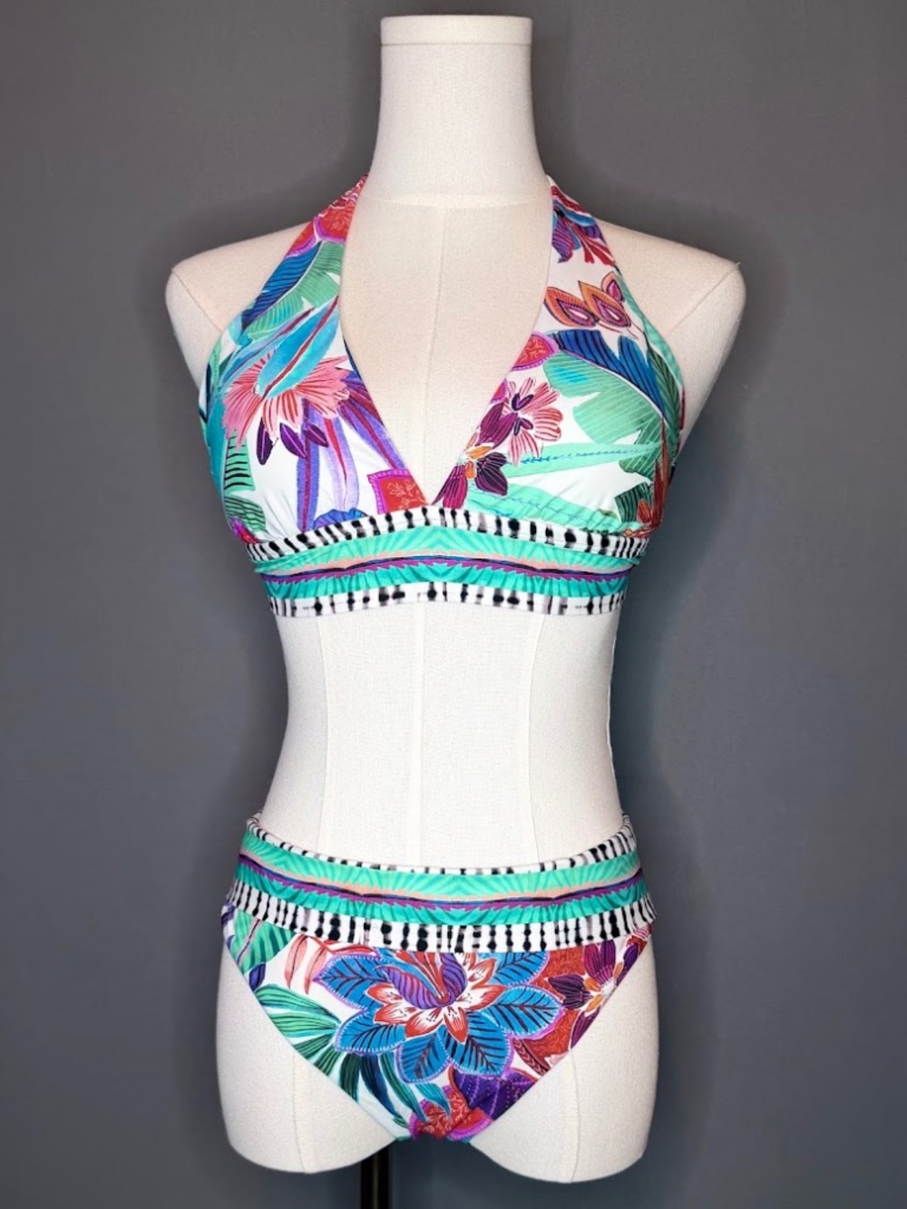 La Blanca Tropical Floral Bikini Set Size M Halter Swimwear Colorful Resort